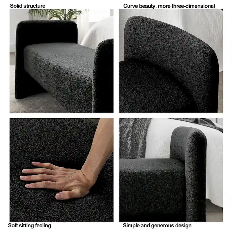 Banc rembourré en boucle avec cadre en H et rembourrage en mousse, Teddy gris, noir, ivoire