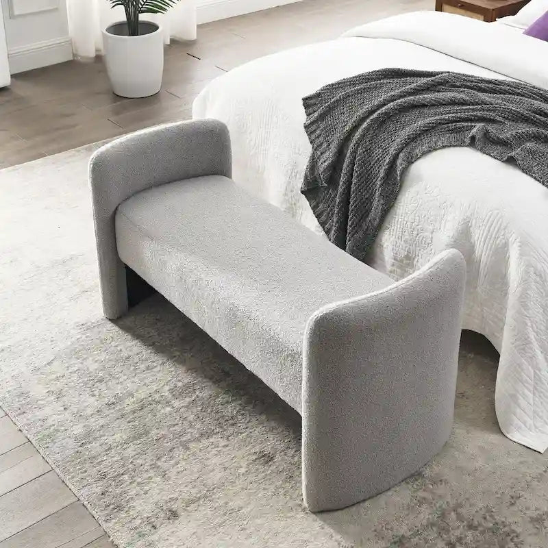 Banc rembourré en boucle avec cadre en H et rembourrage en mousse, Teddy gris, noir, ivoire