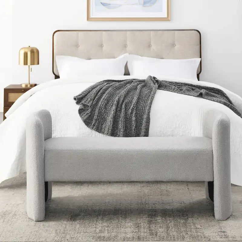 Banc rembourré en boucle avec cadre en H et rembourrage en mousse, Teddy gris, noir, ivoire