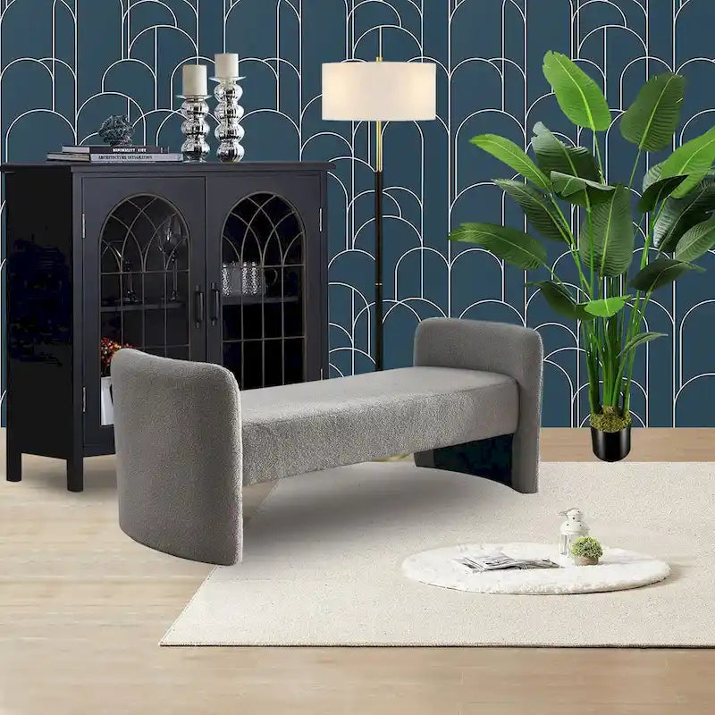 Banc rembourré en boucle avec cadre en H et rembourrage en mousse, Teddy gris, noir, ivoire