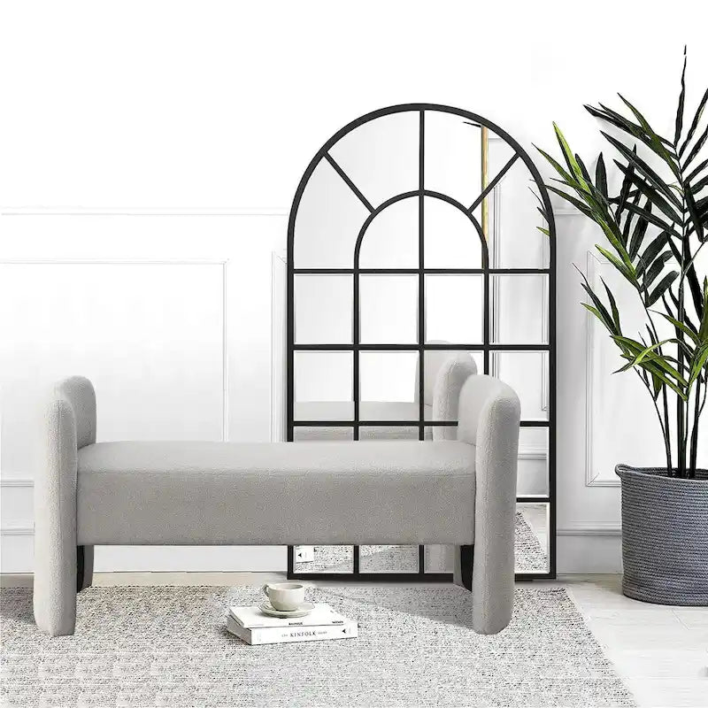 Banc rembourré en boucle avec cadre en H et rembourrage en mousse, Teddy gris, noir, ivoire