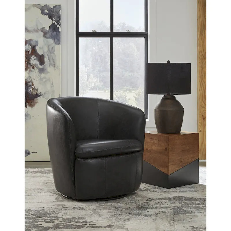 Fauteuil d'appoint pivotant en cuir pleine fleur, bleu marron, pour salon