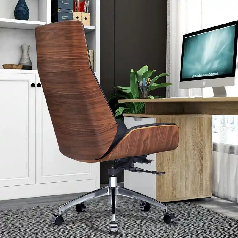 Chaise de bureau de direction haute en cuir noir avec accents en noyer