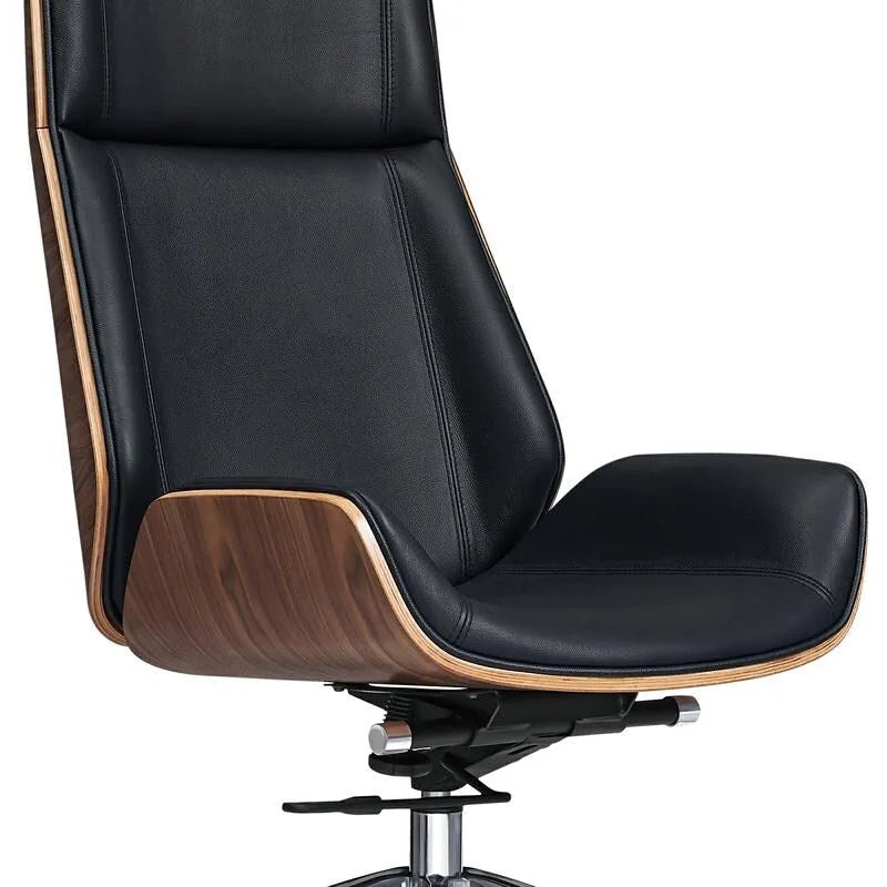Chaise de bureau de direction haute en cuir noir avec accents en noyer
