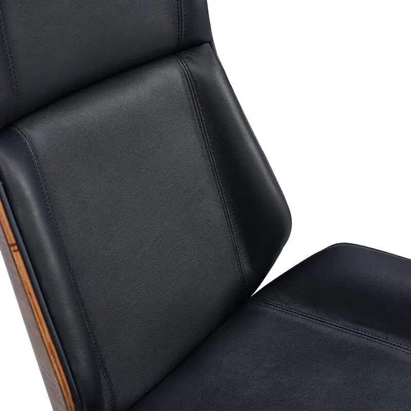Chaise de bureau de direction haute en cuir noir avec accents en noyer