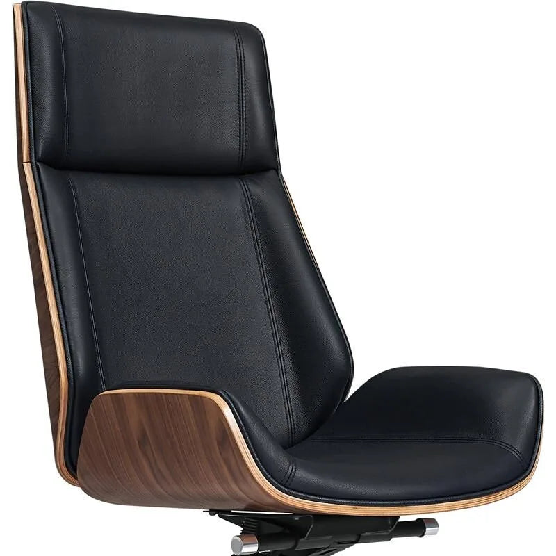 Chaise de bureau de direction haute en cuir noir avec accents en noyer
