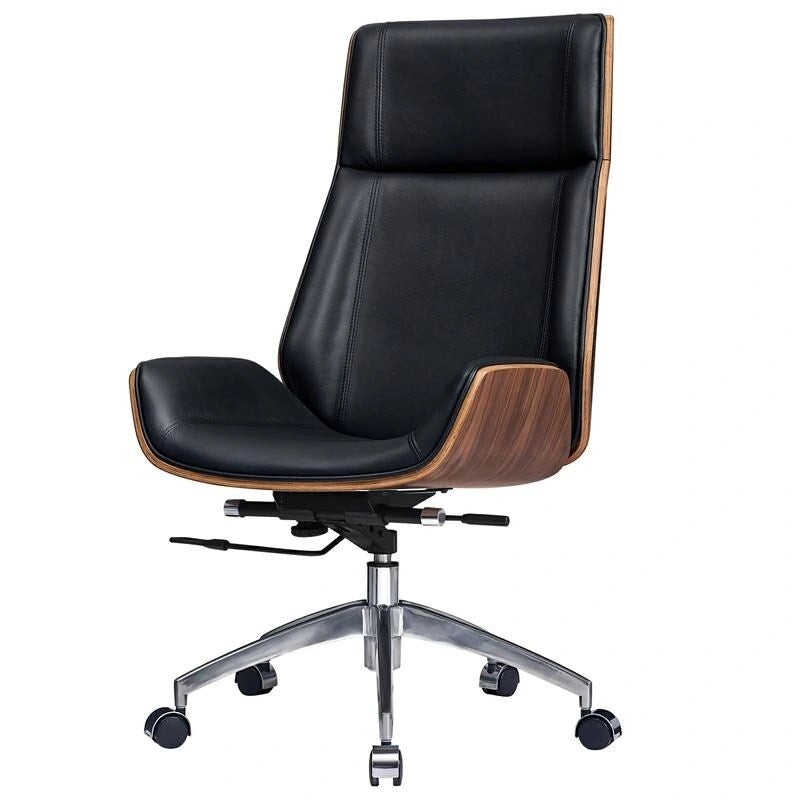 Chaise de bureau de direction haute en cuir noir avec accents en noyer