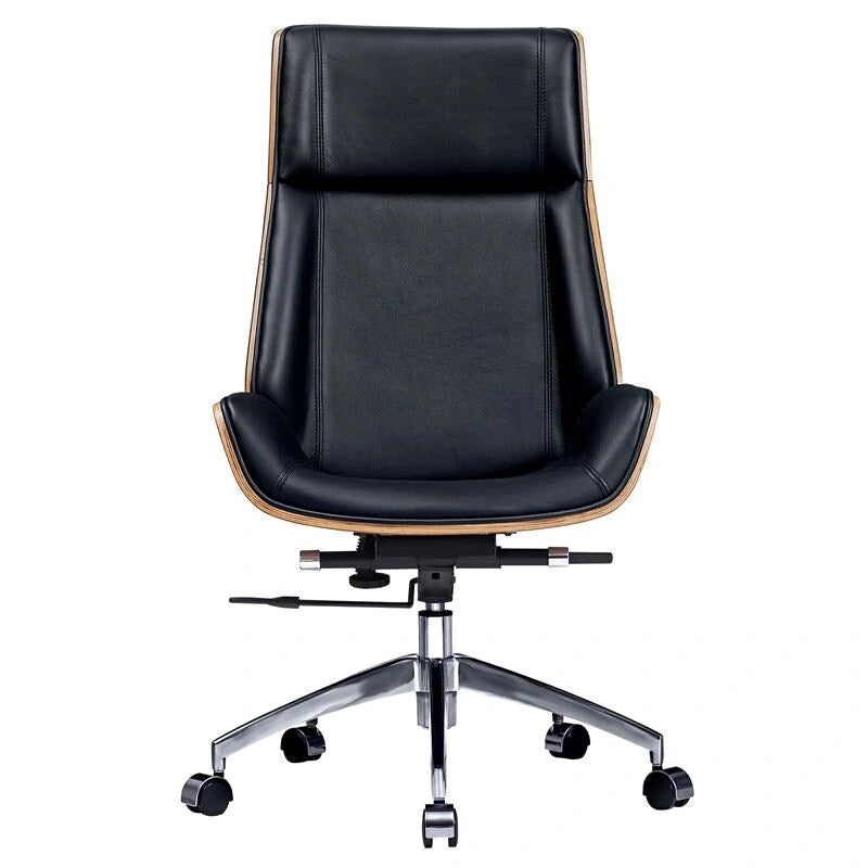 Chaise de bureau de direction haute en cuir noir avec accents en noyer