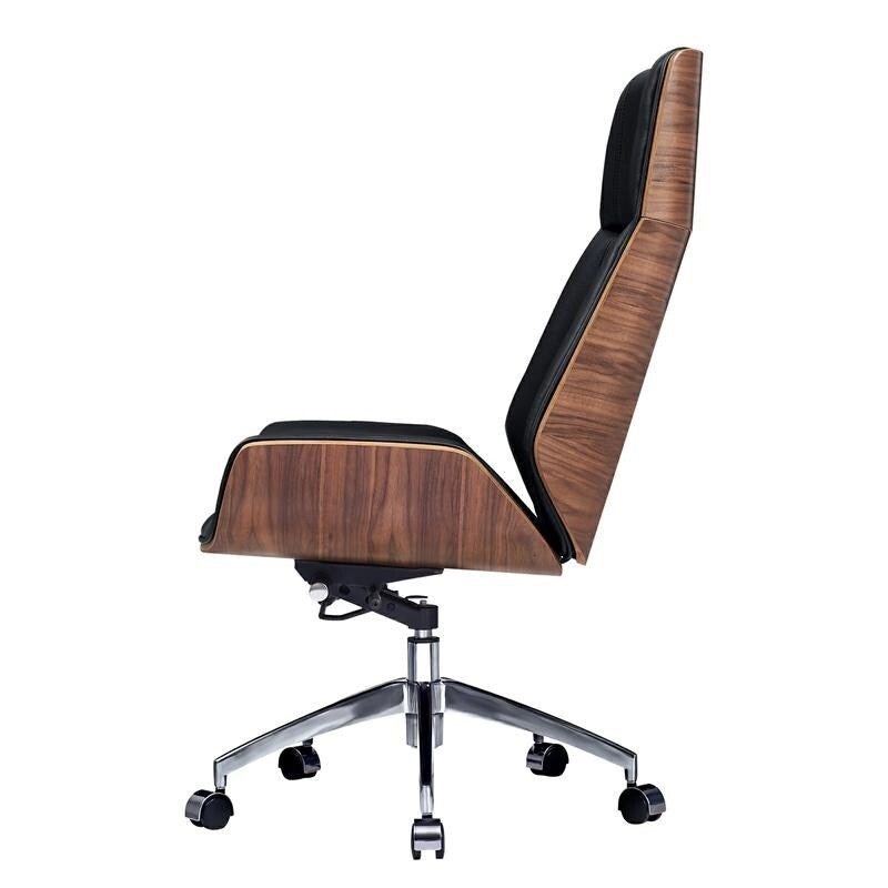 Chaise de bureau de direction haute en cuir noir avec accents en noyer