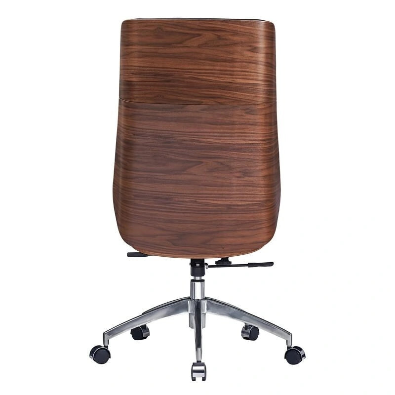 Chaise de bureau de direction haute en cuir noir avec accents en noyer