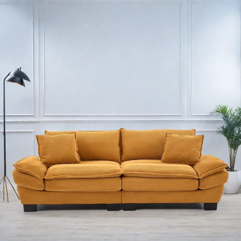 Canapé en velours côtelé avec coussins de dossier, assise profonde, garnissage mousse, multicolore