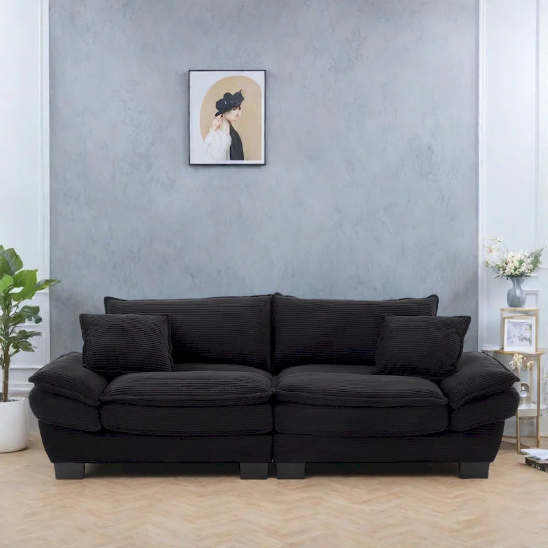 Canapé en velours côtelé avec coussins de dossier, assise profonde, garnissage mousse, multicolore