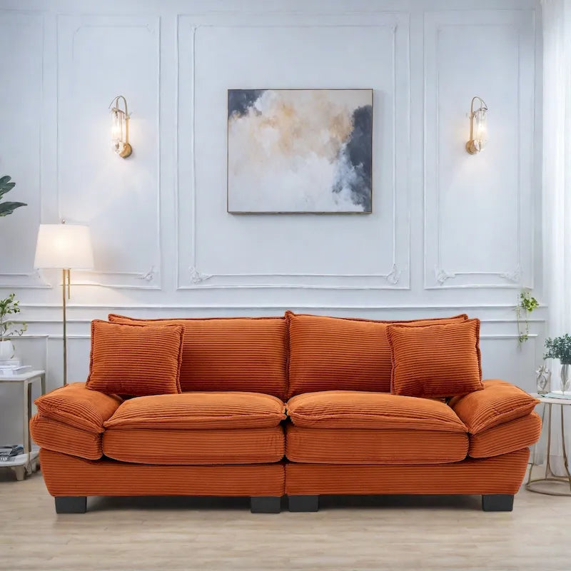 Canapé en velours côtelé avec coussins de dossier, assise profonde, garnissage mousse, multicolore