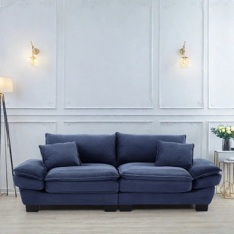 Canapé en velours côtelé avec coussins de dossier, assise profonde, garnissage mousse, multicolore