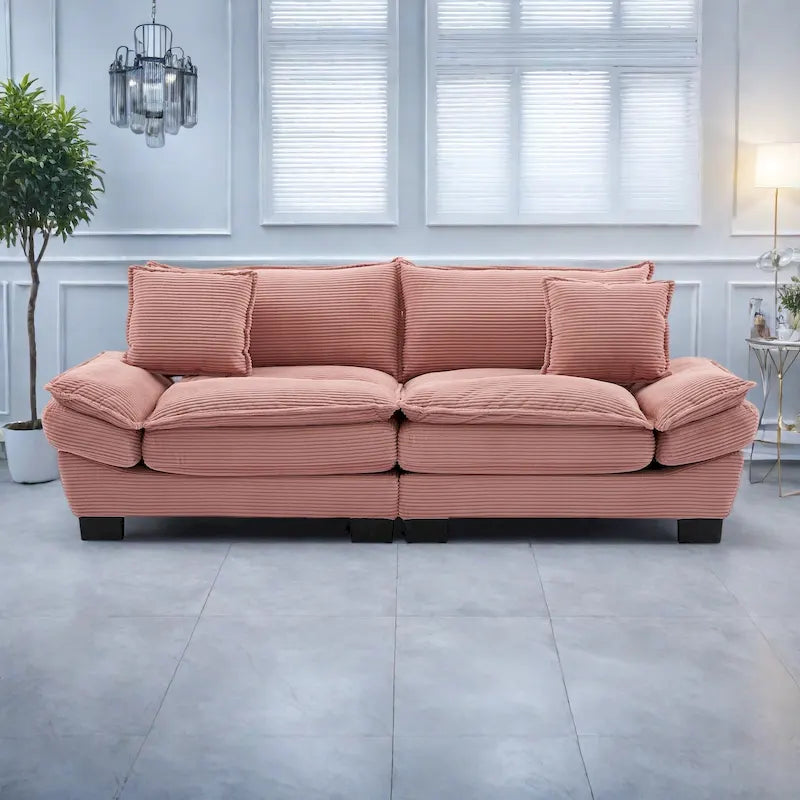 Canapé en velours côtelé avec coussins de dossier, assise profonde, garnissage mousse, multicolore