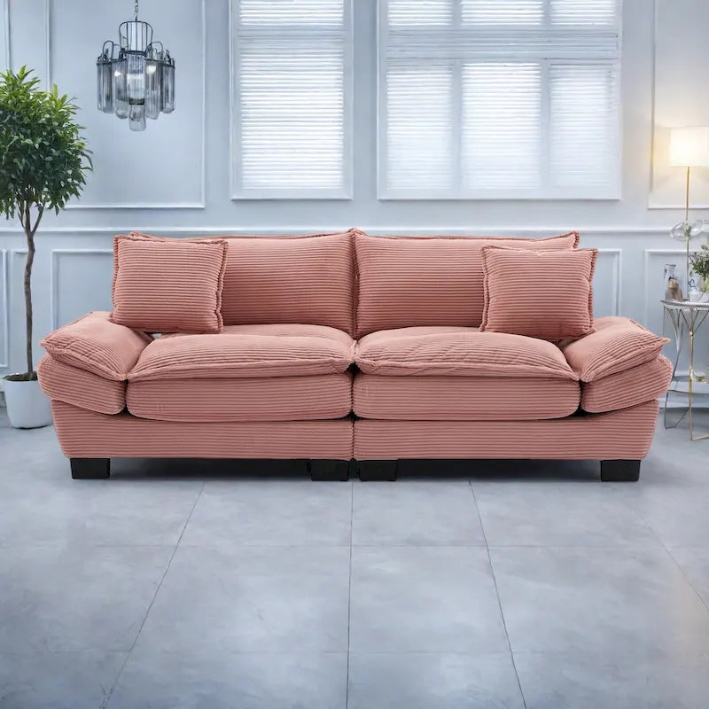 Canapé en velours côtelé avec coussins de dossier, assise profonde, garnissage mousse, multicolore
