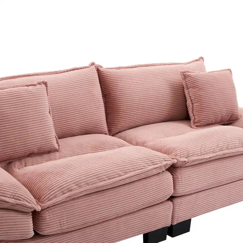 Canapé en velours côtelé avec coussins de dossier, assise profonde, garnissage mousse, multicolore