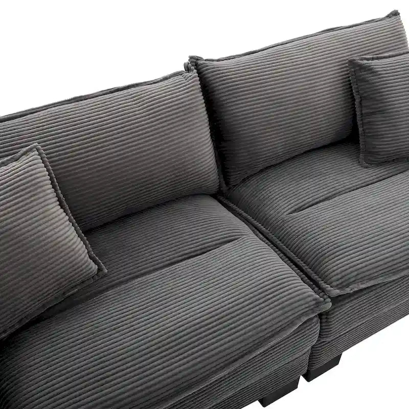 Canapé en velours côtelé avec coussins de dossier, assise profonde, garnissage mousse, multicolore