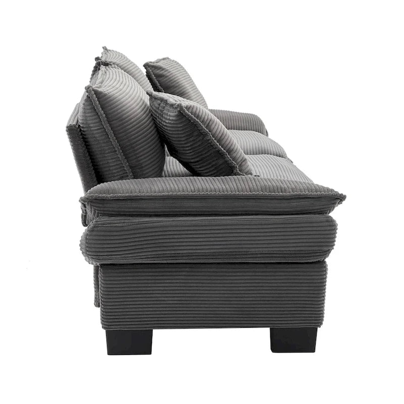 Canapé en velours côtelé avec coussins de dossier, assise profonde, garnissage mousse, multicolore