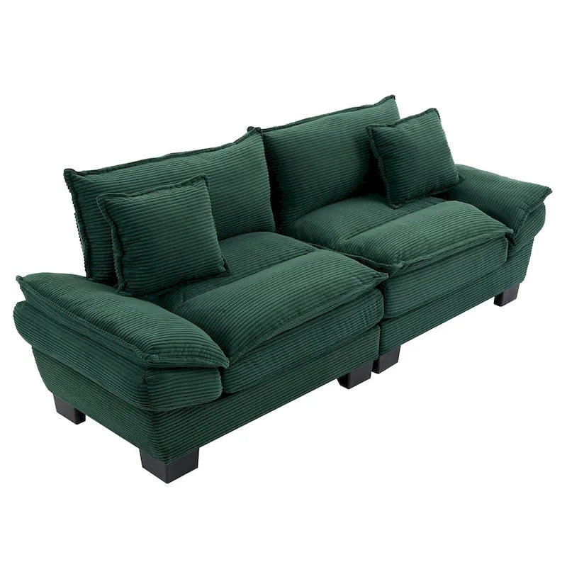 Canapé en velours côtelé avec coussins de dossier, assise profonde, garnissage mousse, multicolore