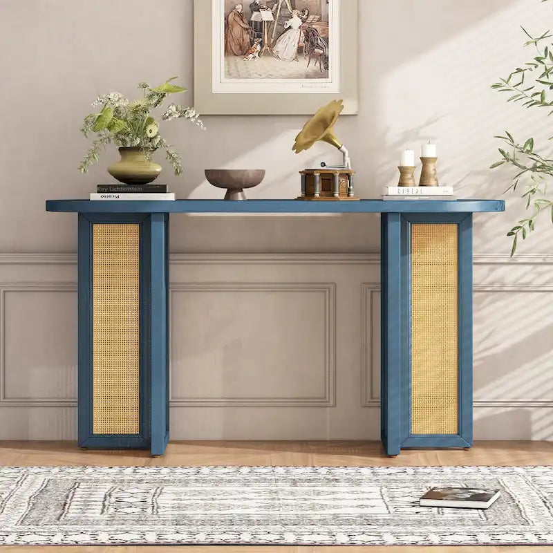 Console ovale en rotin avec plateau en bois, Bleu marine