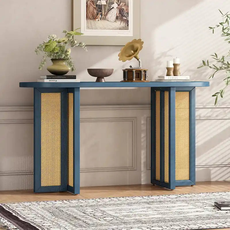 Console ovale en rotin avec plateau en bois, Bleu marine