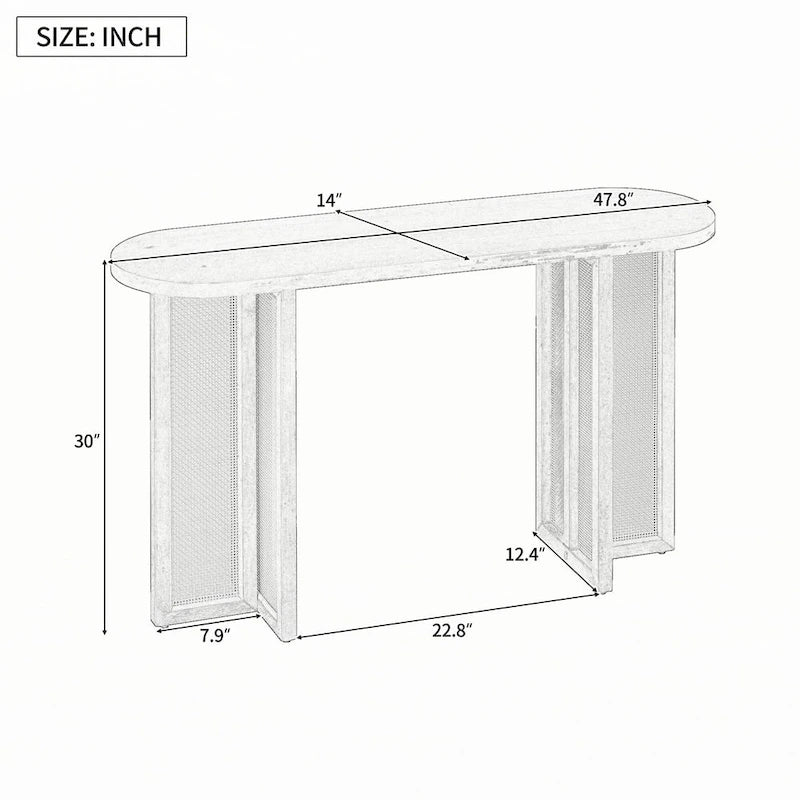 Console ovale en rotin avec plateau en bois, Bleu marine