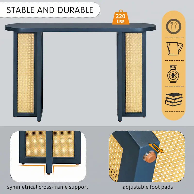 Console ovale en rotin avec plateau en bois, Bleu marine