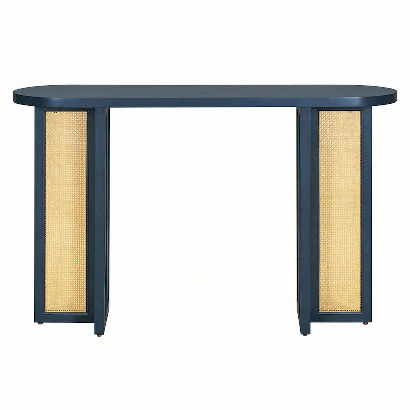 Console ovale en rotin avec plateau en bois, Bleu marine