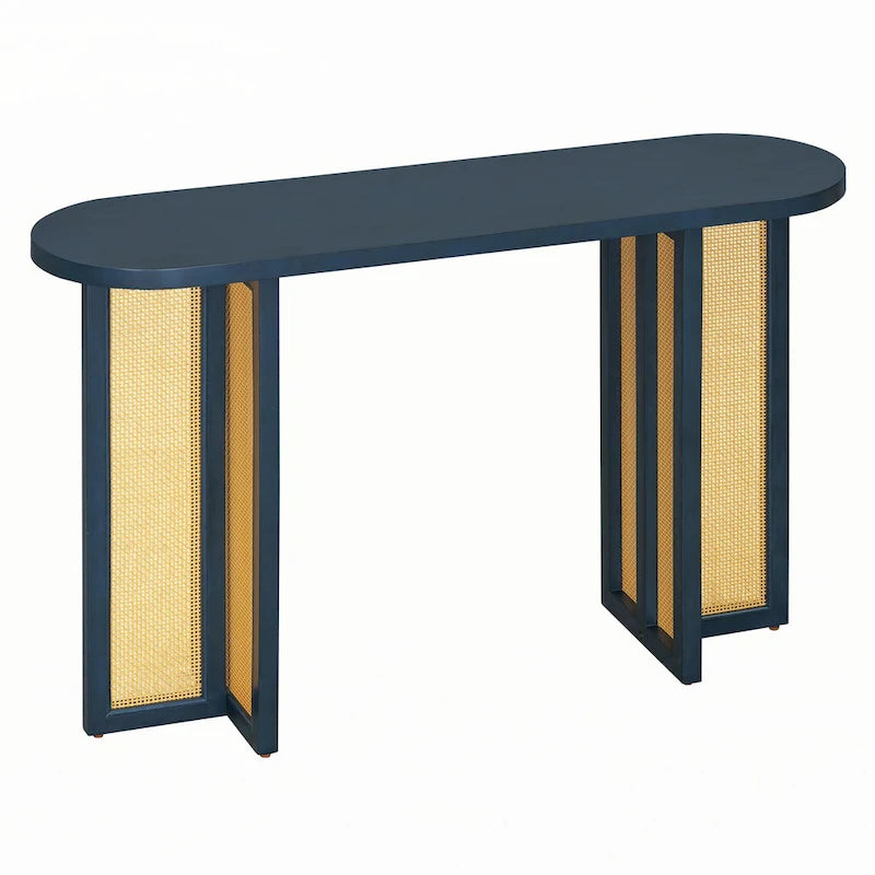 Console ovale en rotin avec plateau en bois, Bleu marine