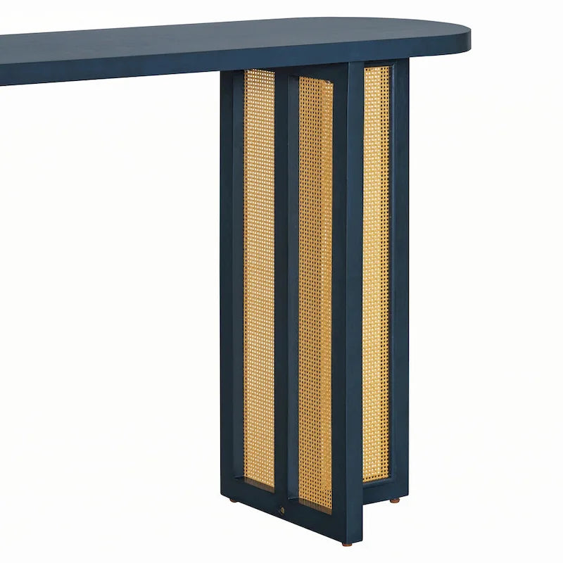 Console ovale en rotin avec plateau en bois, Bleu marine