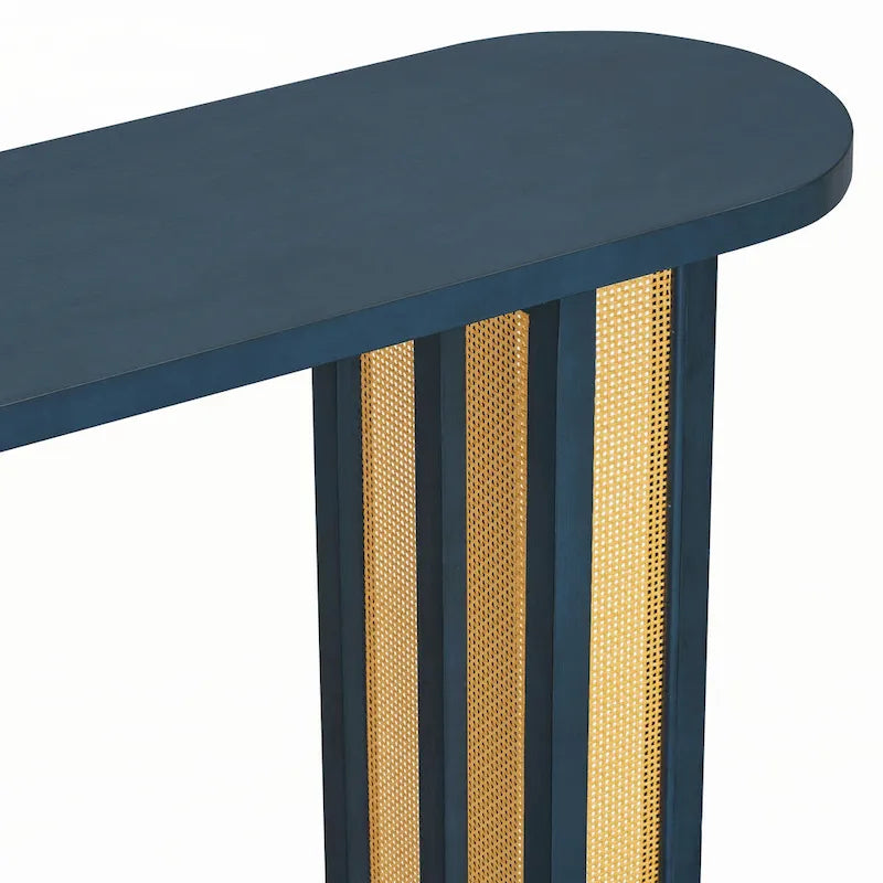 Console ovale en rotin avec plateau en bois, Bleu marine