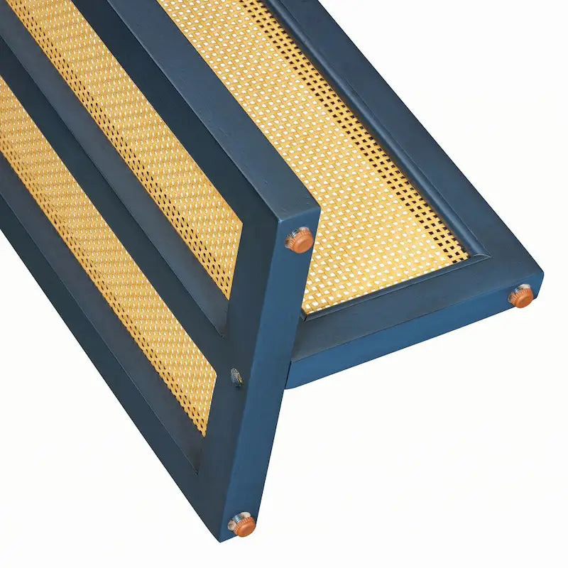 Console ovale en rotin avec plateau en bois, Bleu marine