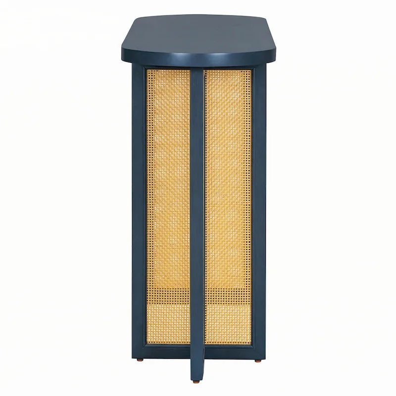 Console ovale en rotin avec plateau en bois, Bleu marine
