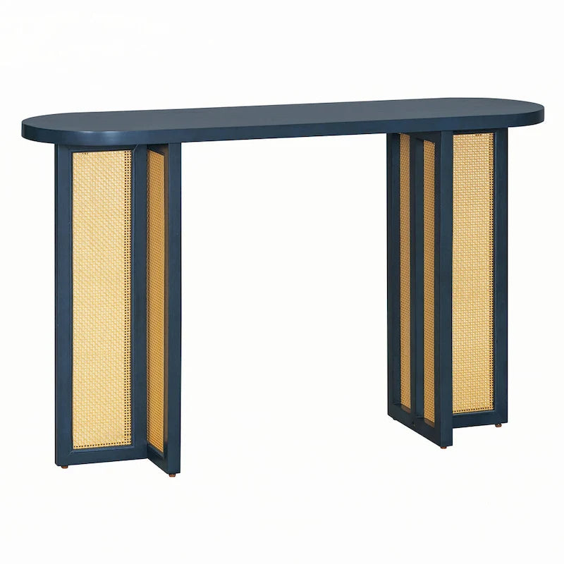 Console ovale en rotin avec plateau en bois, Bleu marine