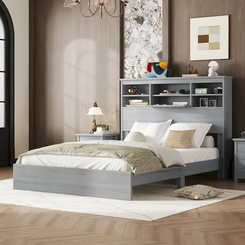 Lit plateforme vintage "Queen Size" avec tête de lit de rangement et station de recharge, gris