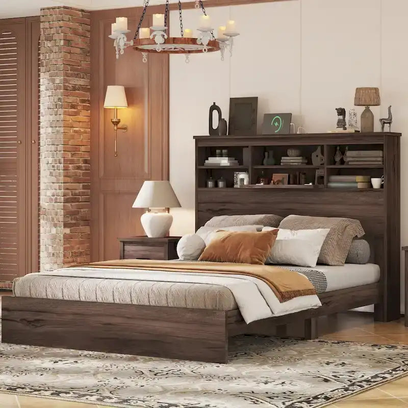 Lit plateforme vintage "Queen Size" avec tête de lit de rangement et station de recharge, gris