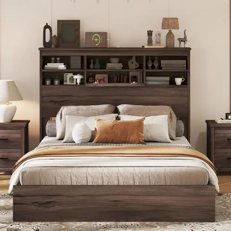 Lit plateforme vintage "Queen Size" avec tête de lit de rangement et station de recharge, gris