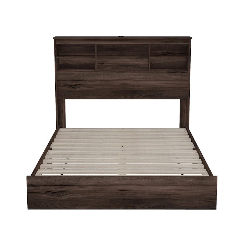 Lit plateforme vintage "Queen Size" avec tête de lit de rangement et station de recharge, gris