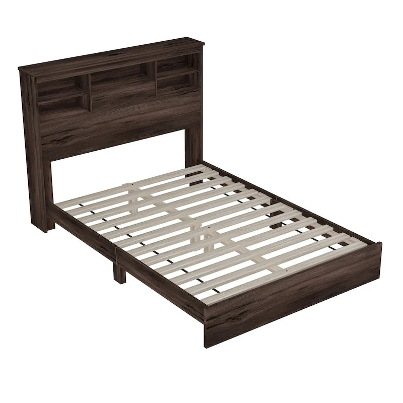 Lit plateforme vintage "Queen Size" avec tête de lit de rangement et station de recharge, gris