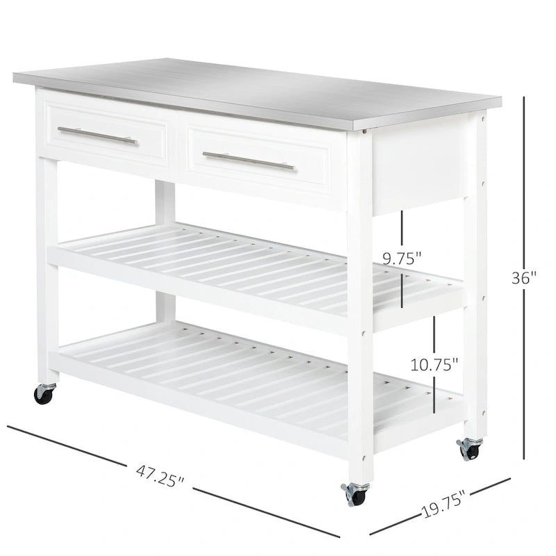 Chariot de cuisine roulant à 3 niveaux, blanc, avec plateau en acier inoxydable, tiroirs de rangement de style campagnard, étagères et roulettes