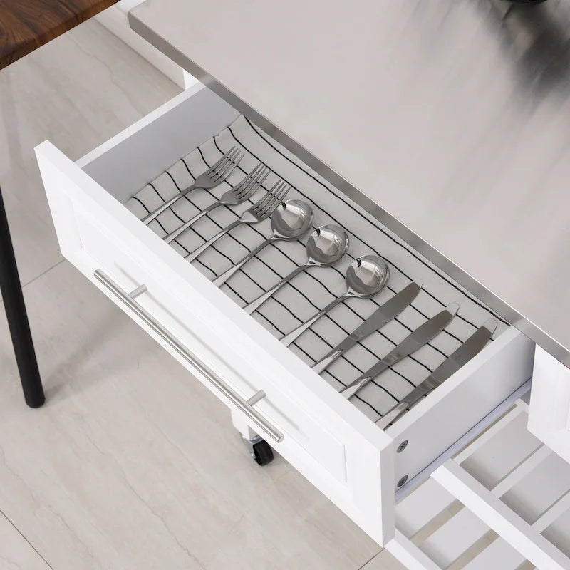 Chariot de cuisine roulant à 3 niveaux, blanc, avec plateau en acier inoxydable, tiroirs de rangement de style campagnard, étagères et roulettes