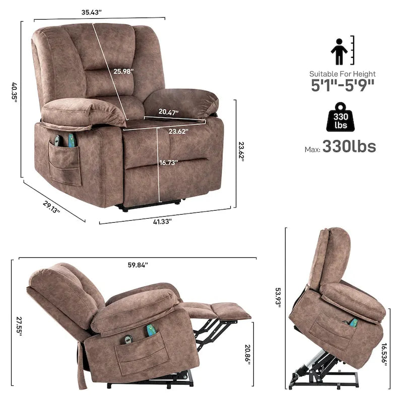 Fauteuil inclinable releveur électrique avec massage, chauffage et minuterie Gris marron