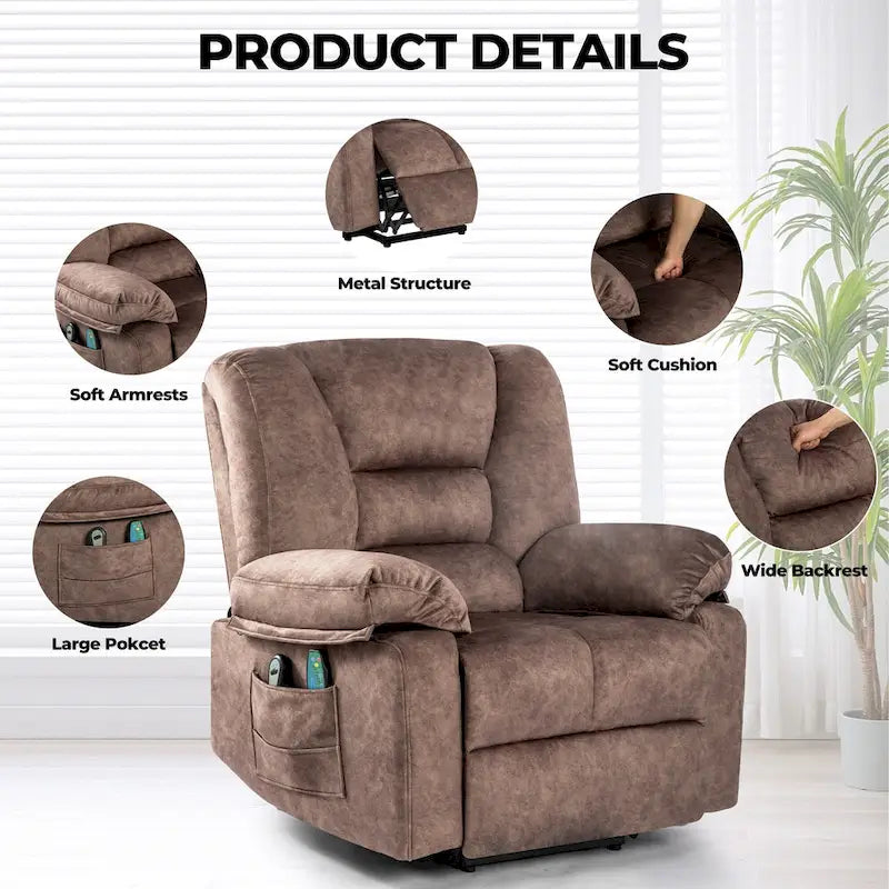 Fauteuil inclinable releveur électrique avec massage, chauffage et minuterie Gris marron