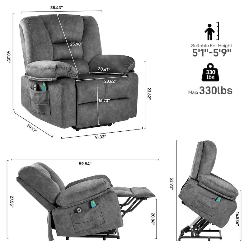 Fauteuil inclinable releveur électrique avec massage, chauffage et minuterie Gris marron