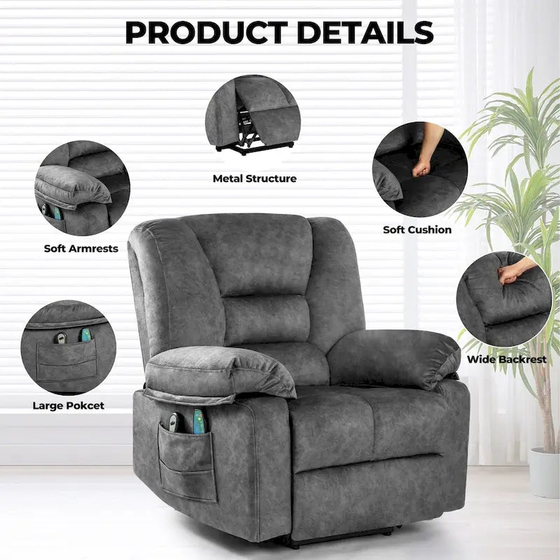 Fauteuil inclinable releveur électrique avec massage, chauffage et minuterie Gris marron
