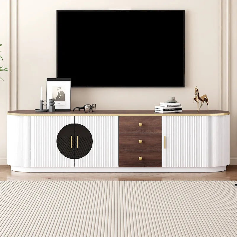 Meuble TV incurvé en bois avec tiroirs et armoires blanc doré