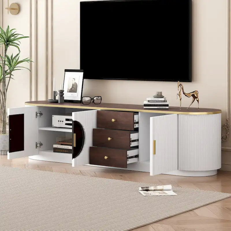 Meuble TV incurvé en bois avec tiroirs et armoires blanc doré