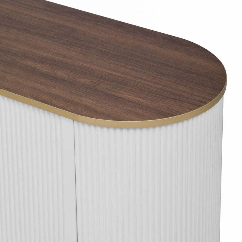 Meuble TV incurvé en bois avec tiroirs et armoires blanc doré