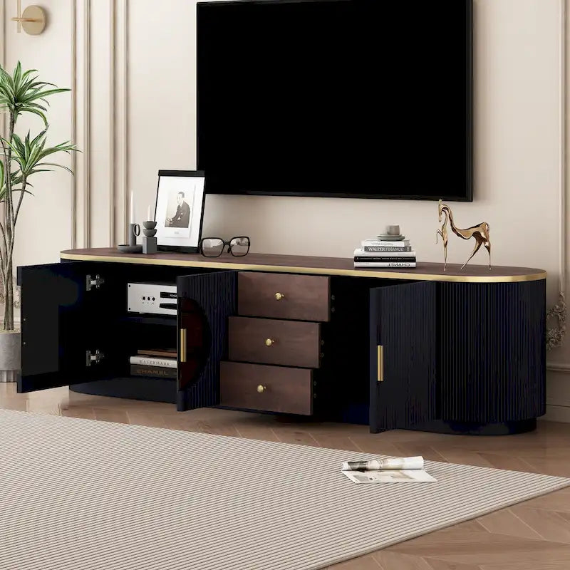 Meuble TV incurvé en bois avec tiroirs et armoires blanc doré